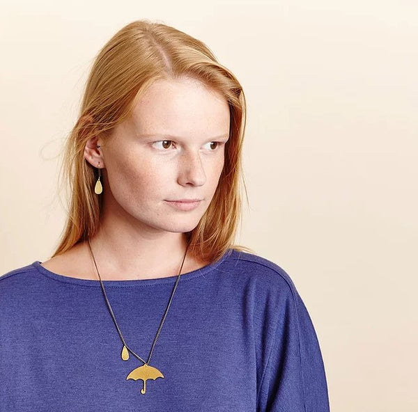 Hammered brass raindrop and umbrella necklace