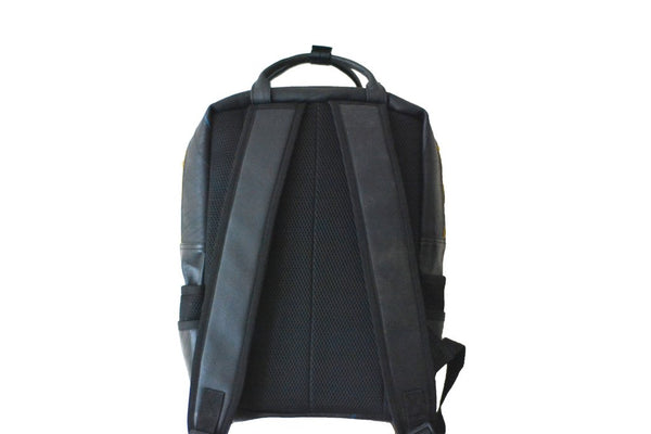 Fair trade, eco friendly, vegan backpack viewed from the back showing webbing on the back and black padded rucksack straps.