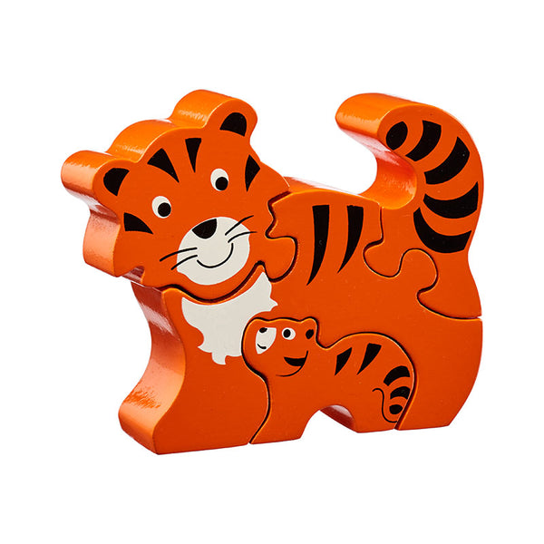 5 piece wooden puzzle with orange, black and white tiger and baby tiger