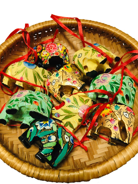 Hand painted papier-mache decorations - hanging elephants