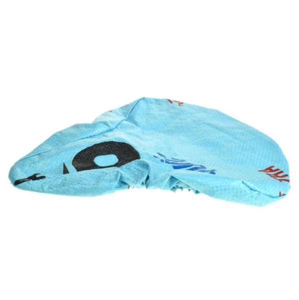 Fair trade and eco friendly recycled cement bag bike seat cover in light blue, with black, red and dark blue lettering and images from the original cement bag