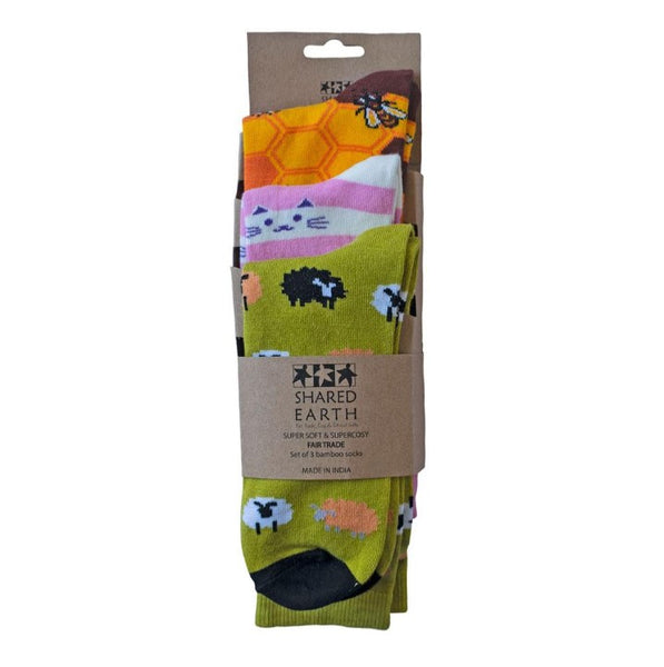 Bamboo socks three pack - bees, cats and sheep