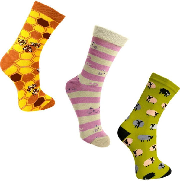Bamboo socks three pack - bees, cats and sheep