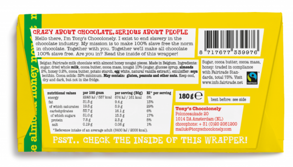 Tony's Chocolonely Milk Almond Honey Nougat