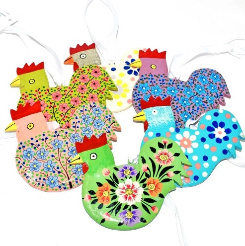 Hand painted wooden hanging chicken decoration