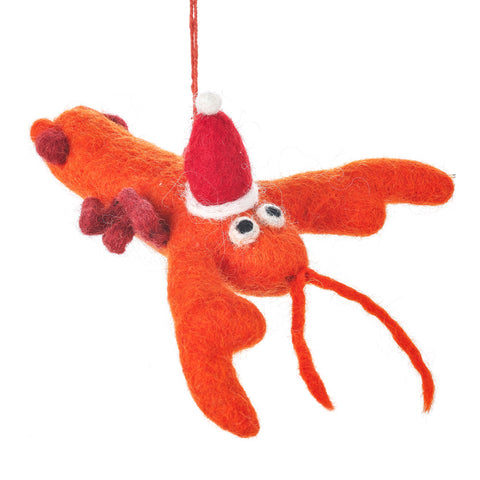 Orange felt lobster decoration wearing a red Santa hat