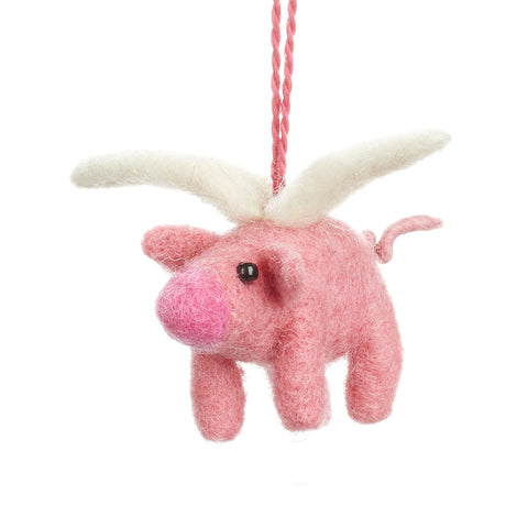 Pink felt flying pig hanging decoration with white wings