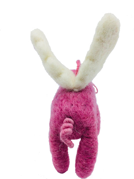 Pink felt flying pig hanging decoration with white wings - bum view showing curly pink tail