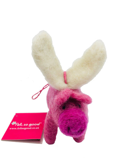 Pink felt flying pig hanging decoration with white wings - front view showing Felt so Good label