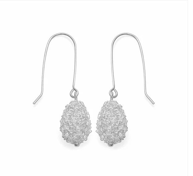 Crocheted silver pear drop earrings