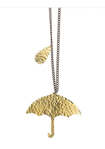 Hammered brass raindrop and umbrella necklace