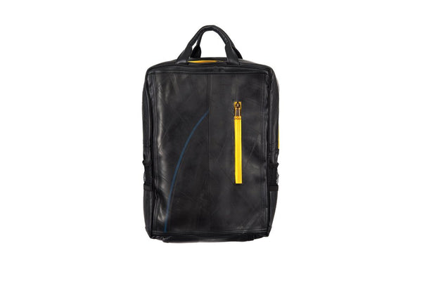 Fair trade, eco friendly, vegan backpack viewed from the front. The main body is made from black inner tubes that show tyre patterning and textures. There is a front zip pocket with vibrant yellow fabric around the zip and a black hanging strap