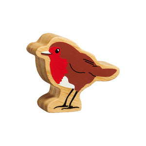 A brown and white robin figure with a red breast handpainted on chunky natural wood with the grain showing
