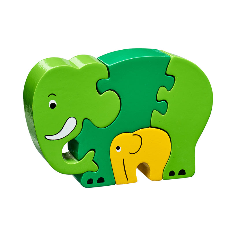 5 piece wooden puzzle with light and dark green elephant and yellow baby elephant