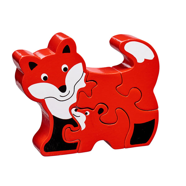 5 piece wooden puzzle with red and white fox and baby fox