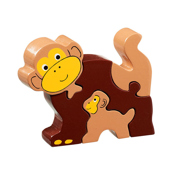 5 piece wooden puzzle with light and dark brown monkey and baby monkey both with yellow faces