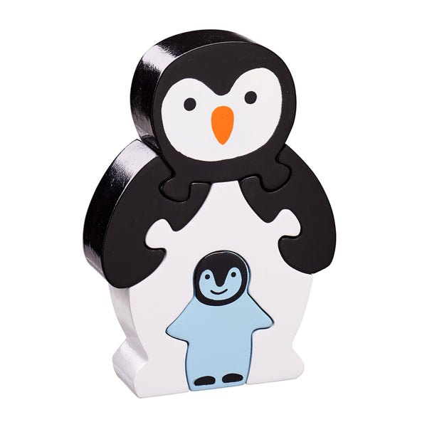 5 piece wooden puzzle with black and white penguin and baby penguin