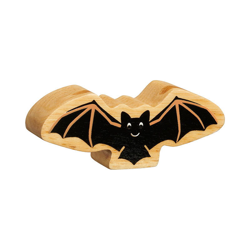 chunky natural wood with black painted smiling bat against a white background