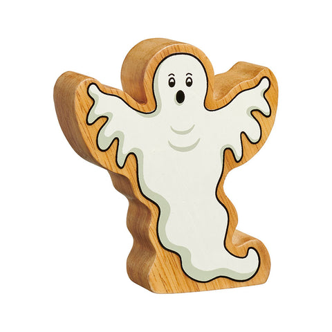 wooden ghost toy with white painted shape and black features