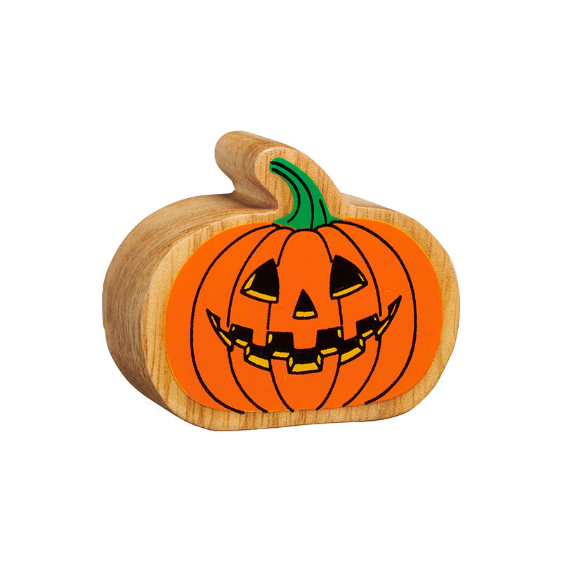 wooden pumpkin toy with painted orange details, green stalk and jack o'lantern face