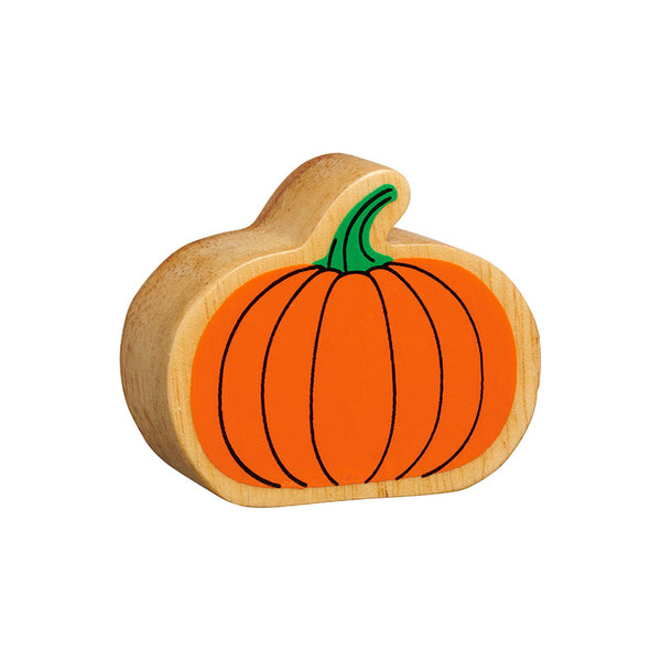 wooden pumpkin toy with painted orange details and green stalk from the back