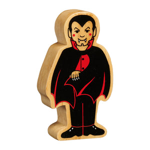 wooden vampire toy with black and red robes