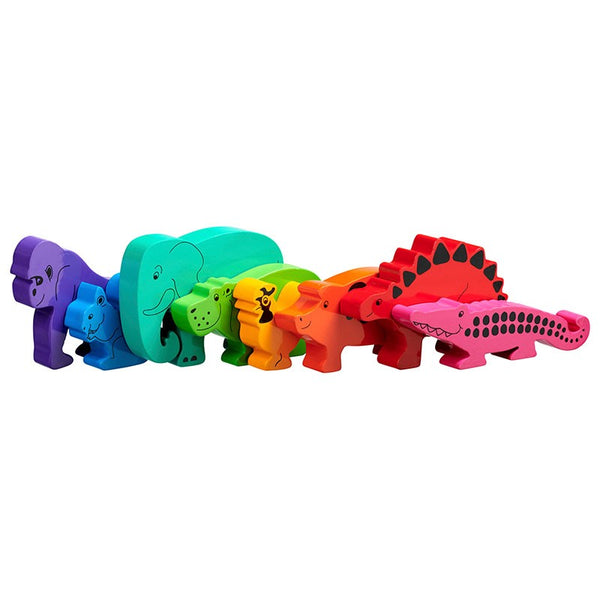 Pink, red, orange, yellow, green, turquoise, blue and purple wooden animals in a line on a white background