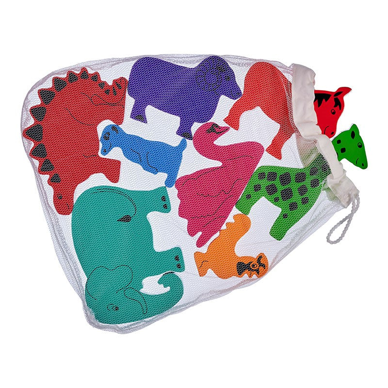 Red, orange, yellow, green, blue, turquoise, purple and pink wooden animals in a drawstring net bag