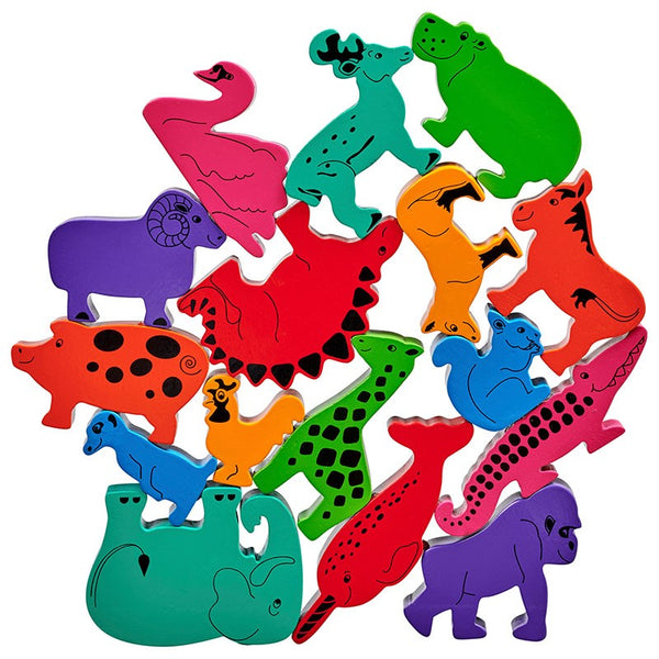 2 sets of red, orange, yellow, green, blue, turquoise, purple and pink wooden animals  stacked on top of each other