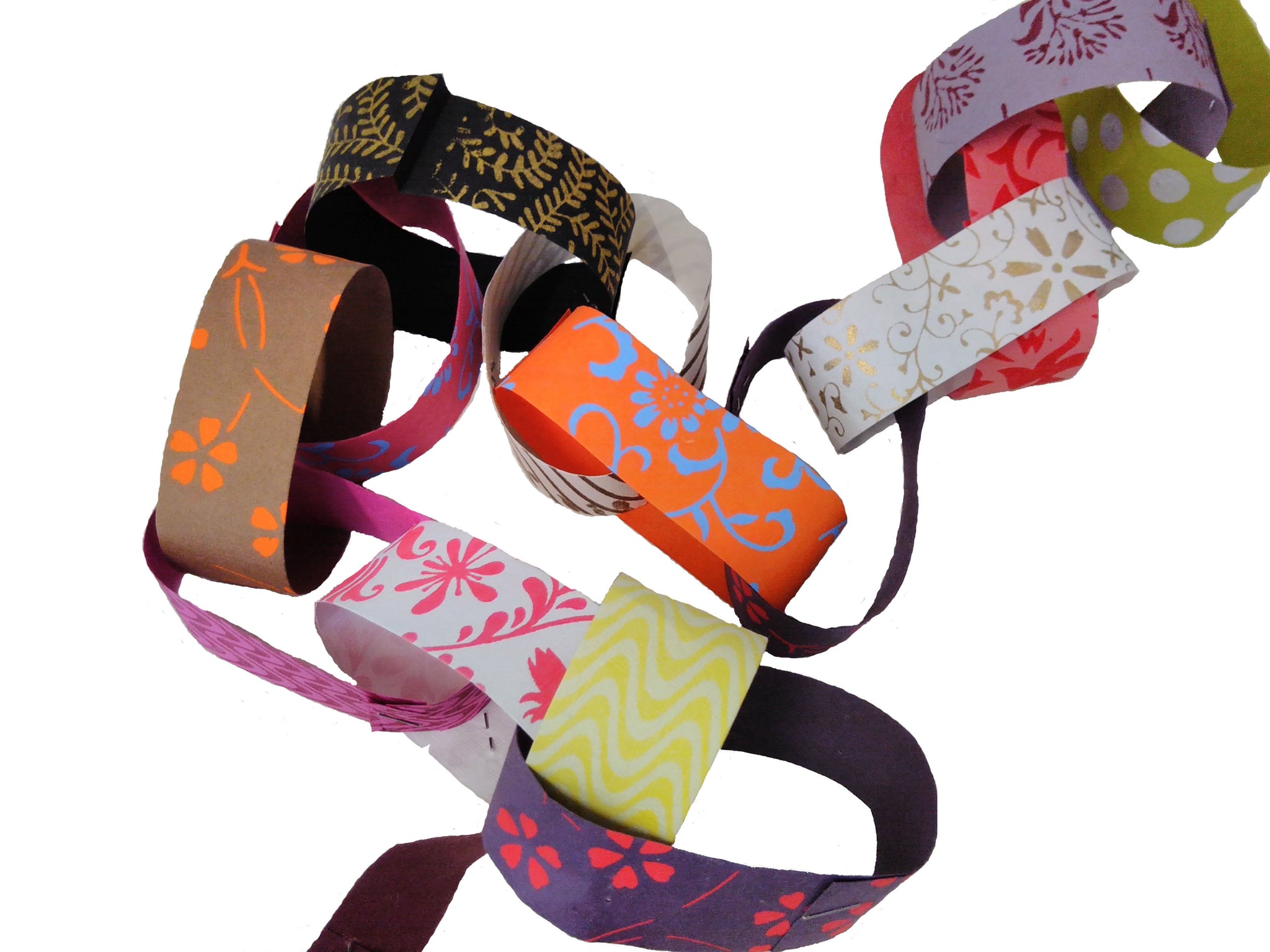 multicoloured and patterned paper chain on a white background