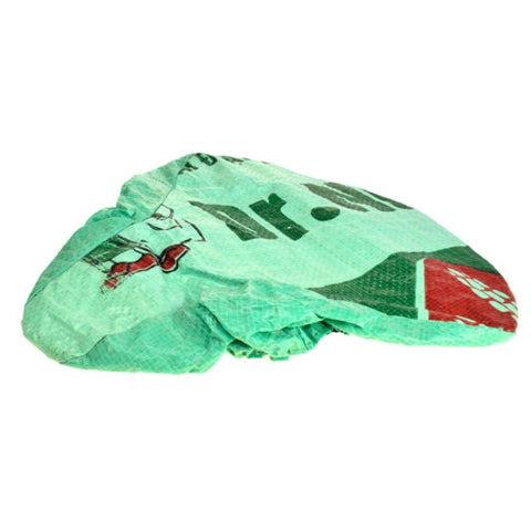 Fair trade and eco friendly recycled cement bag bike seat cover in light green, with red and dark green lettering and images from the original cement bag