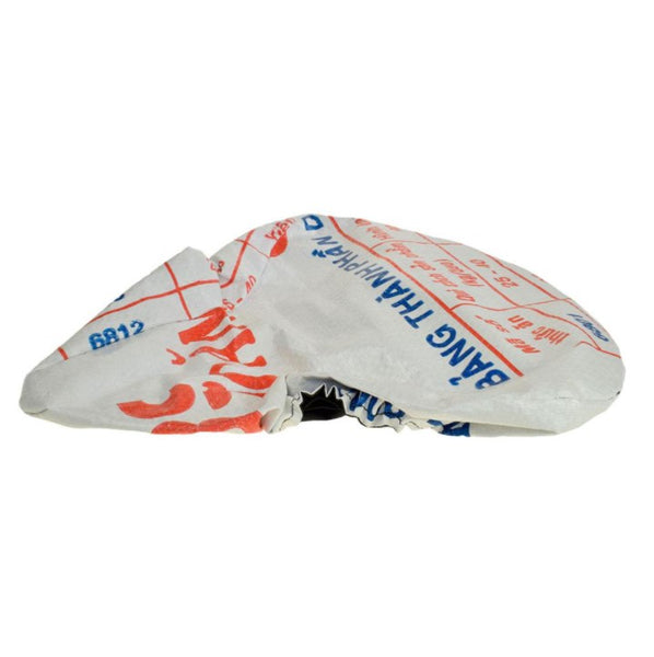 Fair trade and eco friendly recycled cement bag bike seat cover in cream, with red and blue lettering and images from the original cement bag