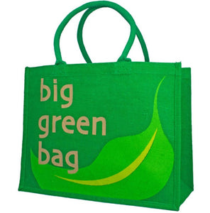 Fair trade and eco friendly green jute bag with a light green and yellow leaf graphic and grey writing saying 'big green bag'