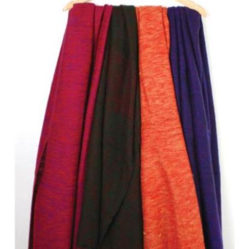 4 fair trade recycled wool shawls hanging from a wooden coat hanger. They are shades of purple blue, orange and black.