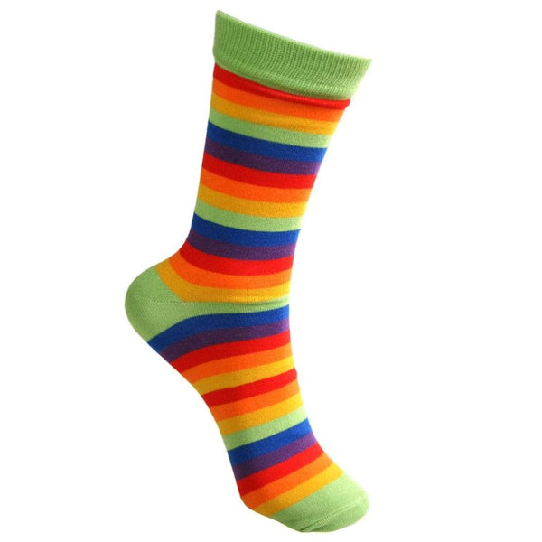 Fair trade bamboo socks with bright rainbow stripes of red, orange, yellow, green, blue and purple and green heels and toes.