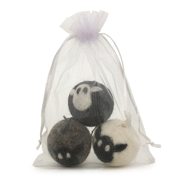 Set of three round sheep baubles in a see-through white organza bag
