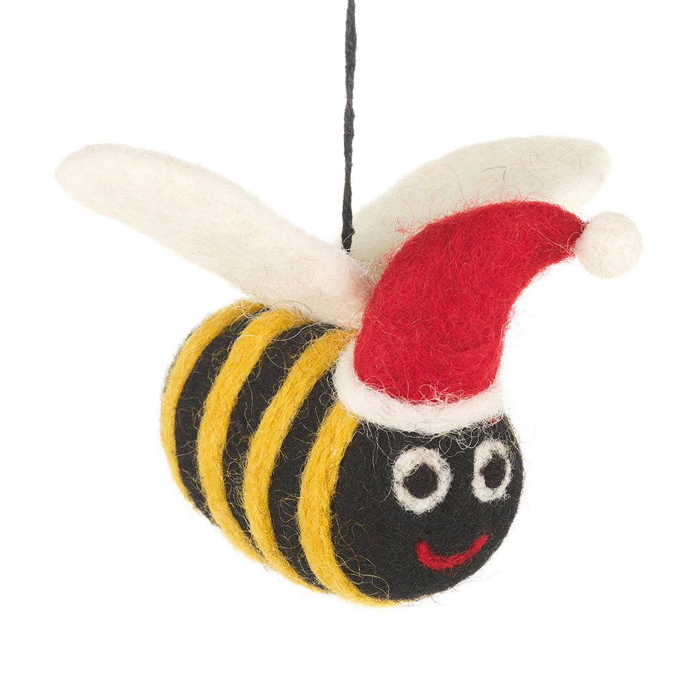 Black felt bee decoration with yellow stripes, white wings and a red Santa hat