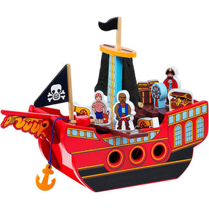 A red pirate ship with yellow and black trim and sails and three pirate figures as well as a range of moveable accessories