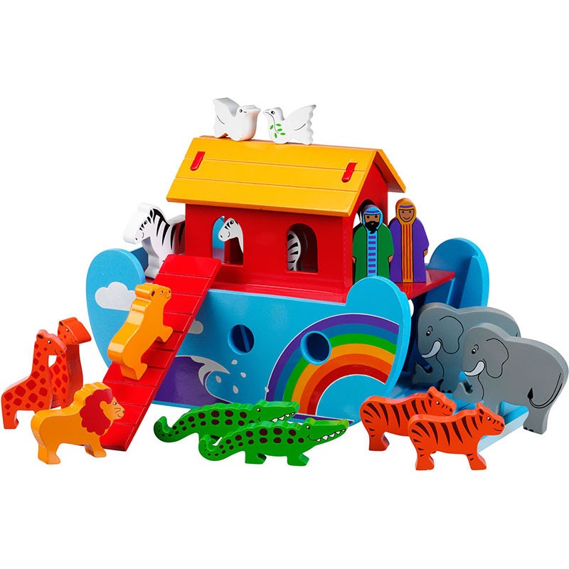 A blue ark with clouds, a wave and a rainbow on the sides with a red ramp and deck and yellow roof. There are a variety of pairs of animals and Mr and Mrs Noah on the ark