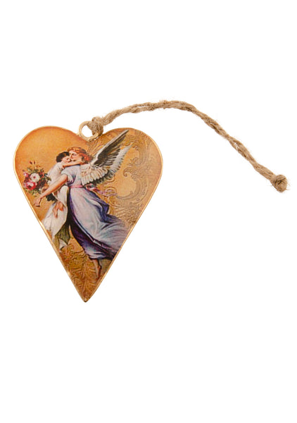 A heart shaped Christmas decoration showing a vintage picture of an angel carrying a child. Main colours are white and gold